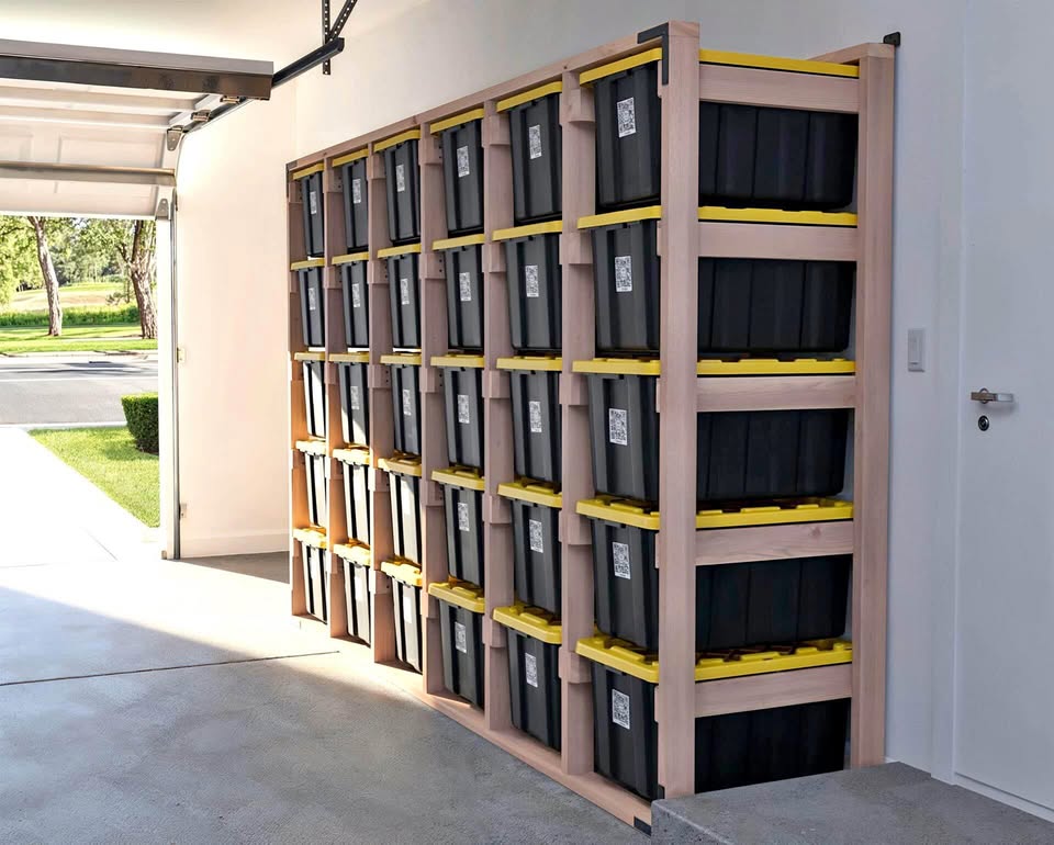 A garage rack filled with rows of identical black 27-gallon totes, each with a QR label