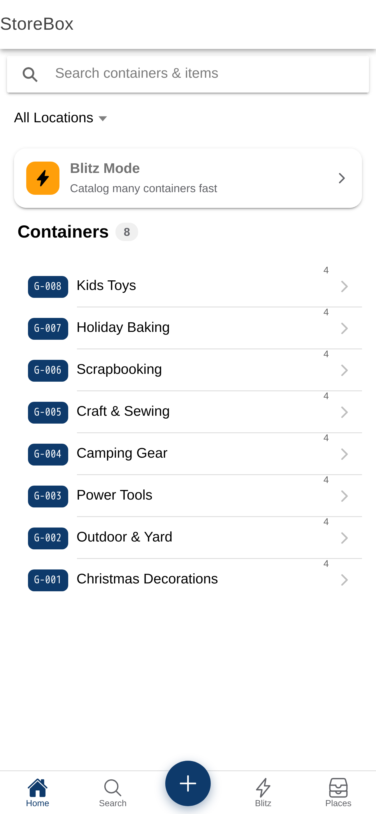 StoreBox home screen listing labeled containers
