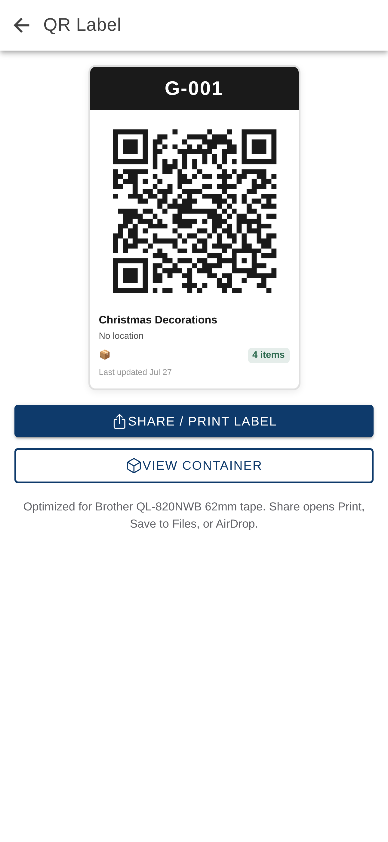 A printable QR label for a container
